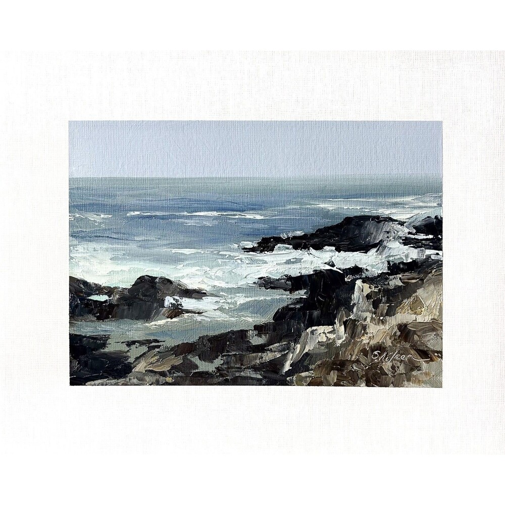 8x10 Original Oil Landscape Painting Rocky Ocean Impressionist Seascape Signed